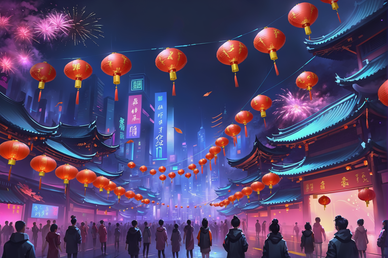 00868-3756376789-digital painting, cyberpunk, brightly lit night in a cyberpunk city, lunar new year, paper lanterns, people partying, fireworks_.webp